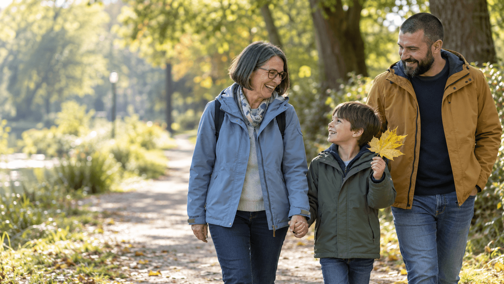 Seniorka spędza czas z rodziną na świeżym powietrzu